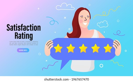 Woman hold stars or give five star feedback. Client choose satisfaction rating and leave positive product or service review. Customers evaluating a product, service. Vector Illustration.