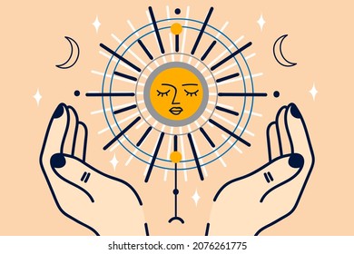 Woman hold sun in hands. Circle phase of moon. Scared geometry. Magical mystical drawing. Astronomy and astrology concept. Lunar prediction. Flat vector illustration, cartoon character. 