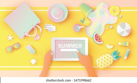 Woman hold tablet in hands is searching for summer article with summer accessories and fruit juice placed on the desk. paper cut and craft style. vector, illustration.