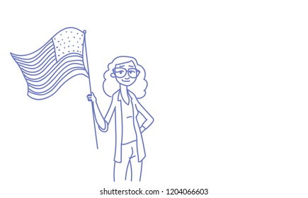 woman hold United States flag Independence Day holiday 4 July celebration banner greeting card horizontal sketch doodle vector illustration