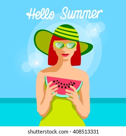 Woman Hold Water Melon Slice Over Sea Background Hello Summer Banner Flat Vector Illustration