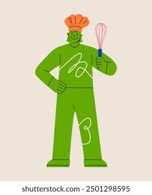 Woman hold whisk in hand. Colorful vector illustration