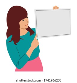 Woman hold a white board. Vector flat illustration