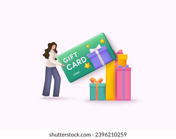 Woman holding 3d card. Shopping discount certificate for customers. Loyalty program, customer gift reward bonus card with illustration of 3d render. 3D Web Vector Illustrations.