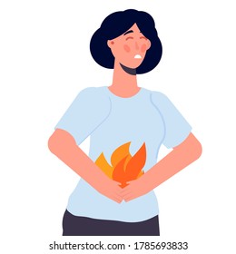 Woman Holding Abdomen. Heartburn And Stomach Problems Concept.  Vector Illustration. 