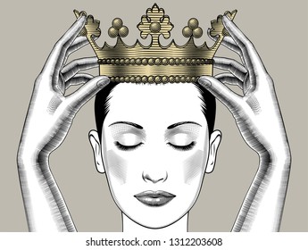 Woman holding above a head the golden crown. Leadership, success , queen. Female hands holding a crown. Vintage engraving stylized drawing. Vector illustration
