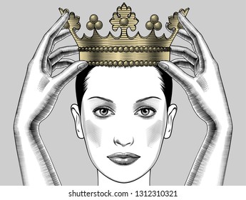 Woman holding above a head the golden crown. Leadership, success , queen. Female hands holding a crown. Vintage engraving stylized drawing. Vector illustration
