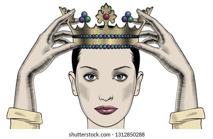 Woman holding above a head the golden crown. Leadership, success , queen. Female hands holding a crown. Vintage engraving stylized drawing. Vector illustration