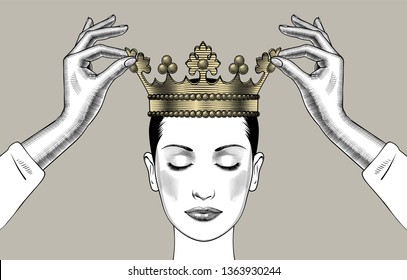 Woman Holding Above A Head The Golden Crown. Leadership, Success , Queen. Female Hands Holding A Crown. Vintage Engraving Stylized Drawing. Vector Illustration