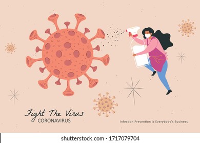 Woman holding alcohol spray to fight the virus, COVID-19 disinfecting concept illustration