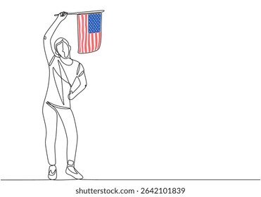 Woman holding american flag in one continuous line art style. Girl proudly hoisting USA flag.