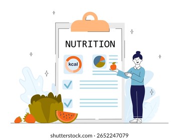 Woman holding apple beside large nutrition chart with calorie and pie chart graphics, surrounded by fruits on white background. Concept of healthy eating. Vector illustration