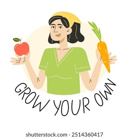 Woman Holding Apple and Carrot with Grow Your Own Message, Organic Gardening and Healthy Eating Concept