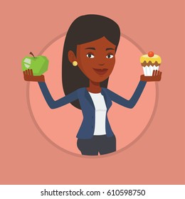 Mulher segurando maçã e cupcake. Mulher escolhendo entre maçã e cupcake. Conceito de escolha entre nutrição saudável e não saudável. Ilustração de design plano vetorial em círculo isolado no plano de fundo.
