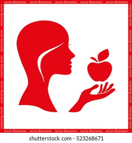 woman holding an apple in his hand vector  illustration EPS 10, abstract sign flat design,  modern isolated badge for website or app - stock info graphics