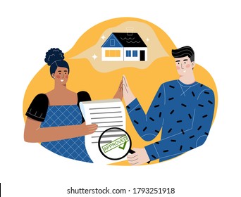 Woman holding an approved mortgage application. Man looking with magnifying class at approved loan form. Happy couple celebrating house approval, dreaming about future home together, giving high-five