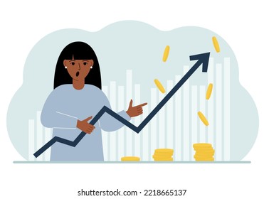 The woman is holding an arrow pointing up. The concept of growth in business, company promotion or business income growth. Vector flat illustration