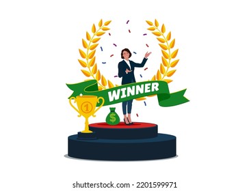 Woman holding award wreath with ribbon. Clerk or female manager best workers winning trophy. Vector illustration.