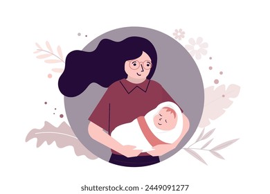 Woman holding baby in arms. Happy mother hold smiling infant. Newborn, breastfeeding concept. Mom and child, care and love, motherhood. design isolated on white background. flat vector illustration