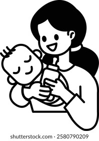 A woman is holding a baby and a bottle. The baby is smiling and the woman is smiling back. Concept of warmth and happiness, as the mother and child share a special moment together