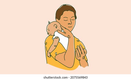 Woman holding baby with calm and happy feeling. Line art style vector illustration suitable for wellness or family content