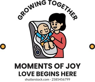 A woman is holding a baby in a car seat in the style of sign illustrations