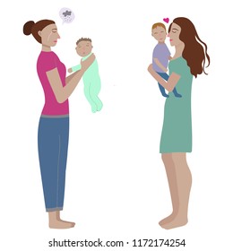 Woman holding baby crying because of postpartum, post natal depression