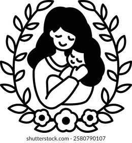 A woman holding a baby in a flowery border. Concept of warmth and love between a mother and her child