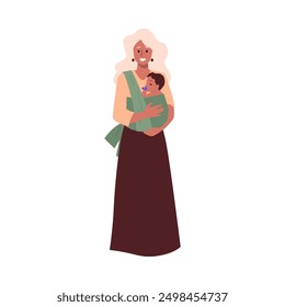 Woman holding a baby in a green carrier. Vector illustration of a smiling mother wearing a long skirt and light top, carrying her child with a pacifier. Parenting and child care concept.