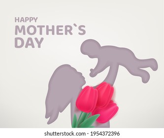 Woman holding a baby. Happy Mothers day vector banner. Cut out effect with woman silhouette