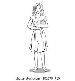 Woman is holding baby in her arms coloring vector illustration. Isolated image on white background. Comic book style imitation.