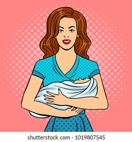 Woman is holding baby in her arms pop art retro vector illustration. Mother and child. Color background. Comic book style imitation.