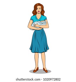 Woman is holding baby in her arms pop art retro vector illustration. Mother and child. Isolated image on whtie background. Comic book style imitation.