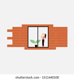 Woman holding baby in her arms. brick and window.  Pregnancy and breastfeeding concept illustration isolated on white background. vector illustration eps10