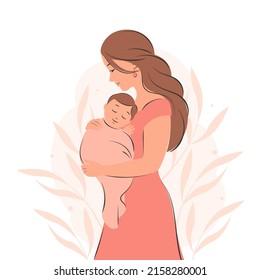 Woman holding baby in her arms. Pregnancy and breastfeeding concept. Vector illustration.