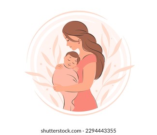 Mujer sosteniendo a un bebé en sus brazos. Concepto de embarazo y lactancia materna. Ilustración vectorial.