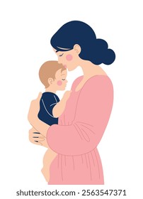 Woman holding baby in her arms, young mother. Happy Mothers Day. Vector isolated flat illustration