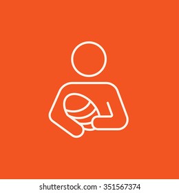 Woman holding the baby line icon for web, mobile and infographics. Vector white icon isolated on red background.