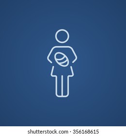 Woman holding the baby line icon for web, mobile and infographics. Vector light blue icon isolated on blue background.