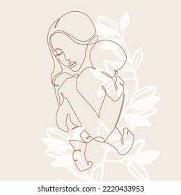 Woman holding baby minimal one line art  Mother   child  Young mom hugging baby floral background  Vector illustration for Happy International Mother's Day card  loving family  parenthood concept