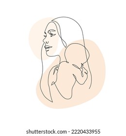 Woman holding baby minimal one line art  Mother   child  Young mom hugging baby geometric shape background  Vector illustration for Happy Mother's Day card  loving family  parenthood concept