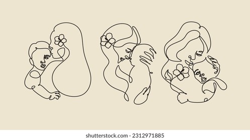 Woman holding baby minimal one line art. Mother and child. Vector illustration for Happy International Mother's Day card, a loving family, parenthood concept