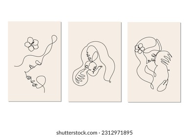 Frauen, die ein Baby halten minimale eine Linie Kunst. Mutter und Kind. Vektorgrafik für die Happy International Mother's Day Card, ein liebevolles Familienkonzept, Elternzeitkonzept