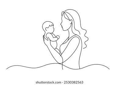 
Woman holding baby. Mother and child continuous line art isolated on white background.