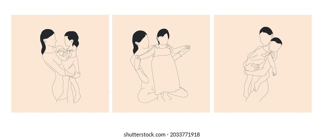 Woman holding baby. Mother and baby. Motherhood. Line hand drawing collection templates