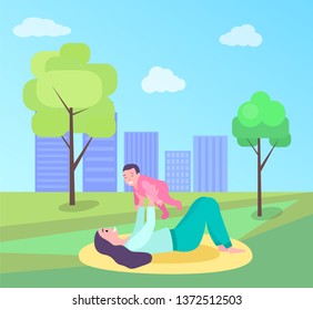 Woman holding baby, mother playing with child in park on mat, parent and kid on grass outdoor, smiling family together, parenthood and childhood vector