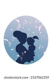 Woman holding baby on a blue background with flowers