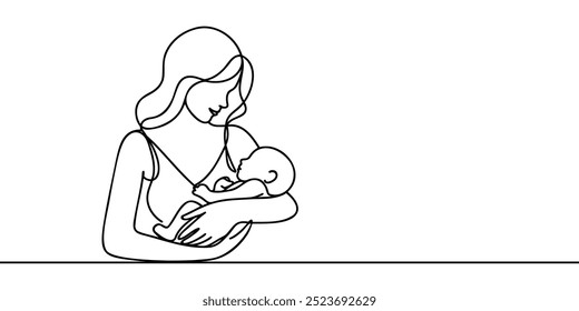 Woman holding baby in one line style. Vector illustration