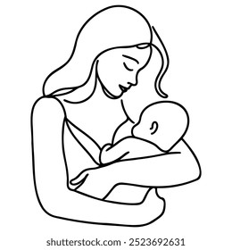 Woman holding baby in one line style. Vector illustration