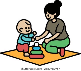 A woman is holding a baby and playing with a stack of blocks. Concept of warmth and affection between the mother and child, as well as the importance of play and bonding in early childhood development